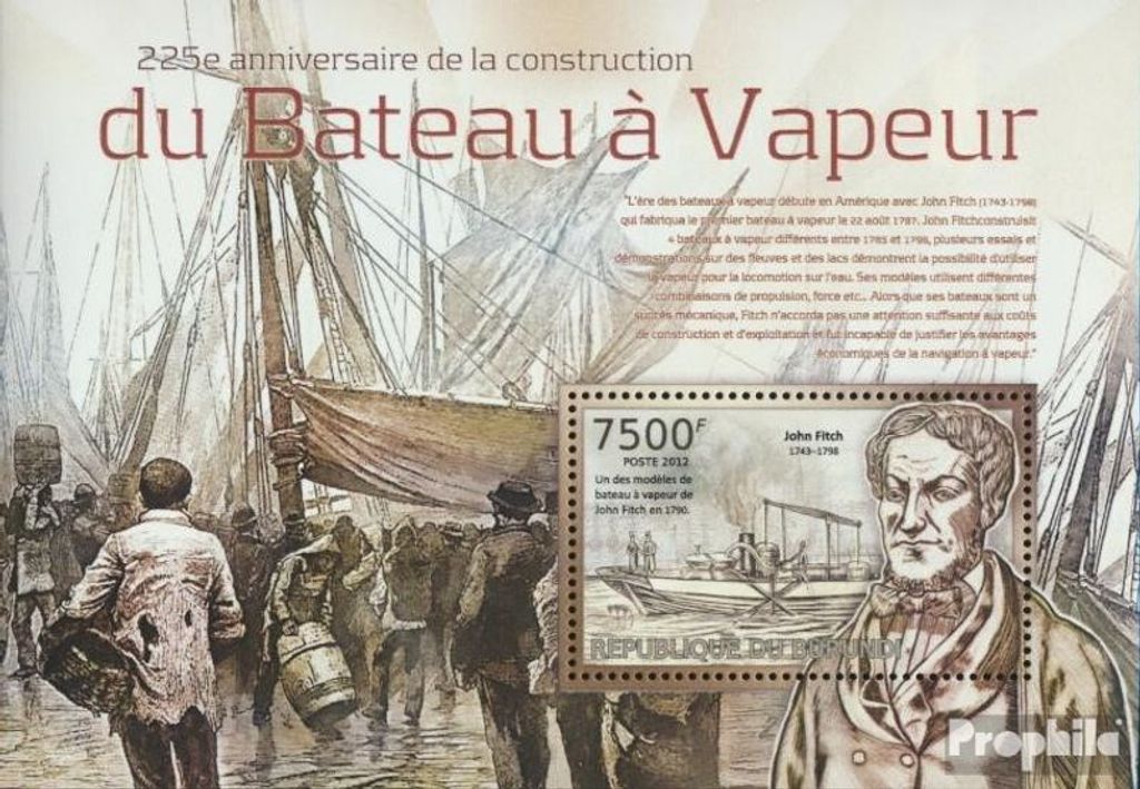 Briefmarken Burundi 2012 Mi Block 298 (kompl. Ausgabe) postfrisch 225. Jahrestag des Baus des Dampfschiffs