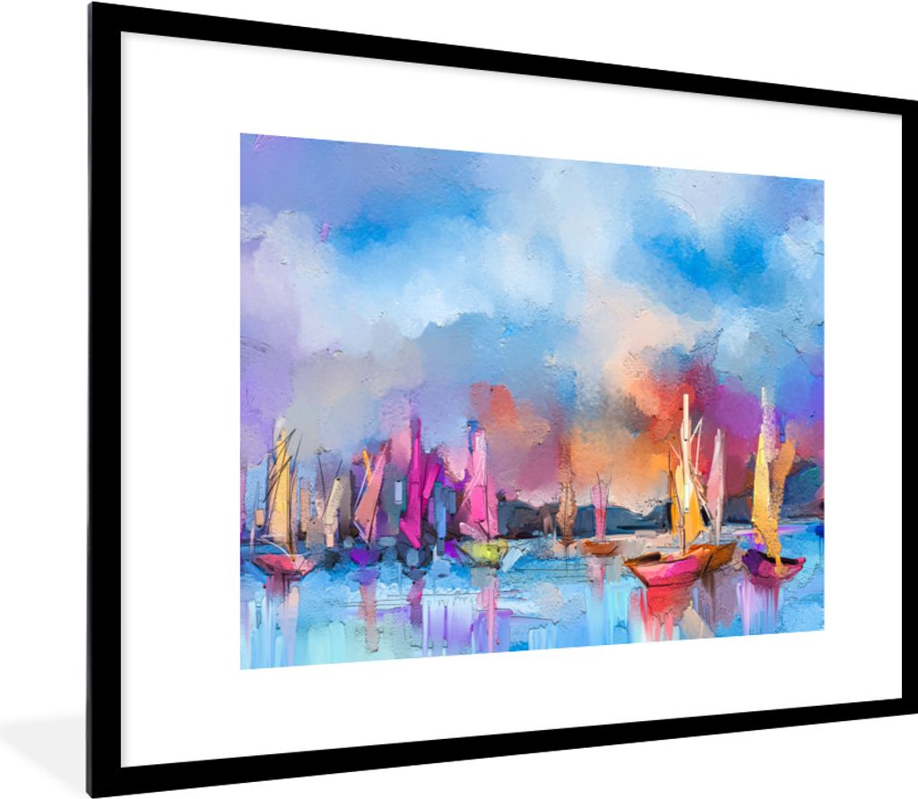MuchoWow Gerahmtes Poster Malerei - Boote - Wasser 80x60 cm - Poster mit Schwarzem Bilderrahmen Wandposter Rahmen Foto Bilder - Schlafzimmer-Deko...