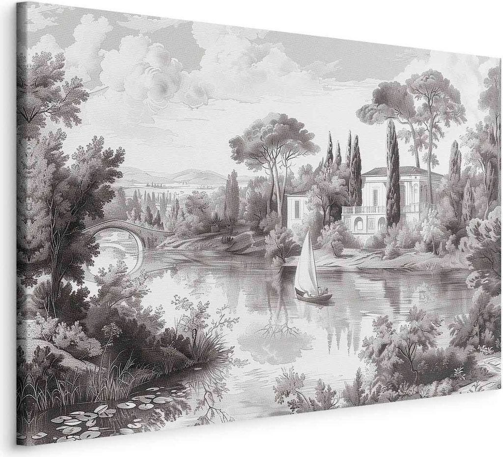 Vliesstoff Leinwandbild - Black and White Vintage Landscape Retro View of a Pond with a Boat 90x60 cm Landschaften c-H-10047-b-a