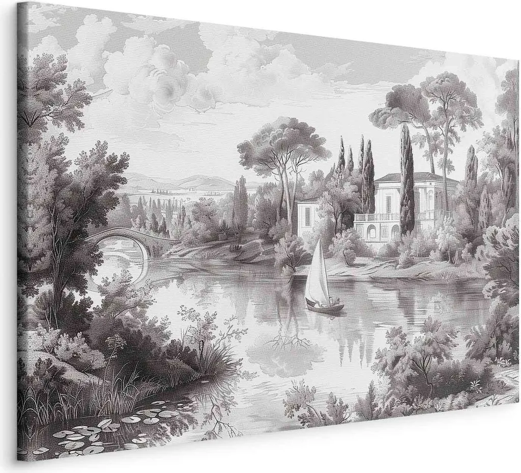 Quadro Vintage Bianco e Nero 120x80 - Paesaggio con Barca su Tela