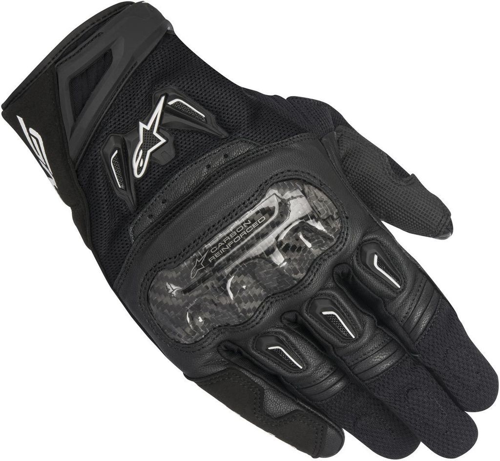 A black motorcycle glove with carbon fiber accents.