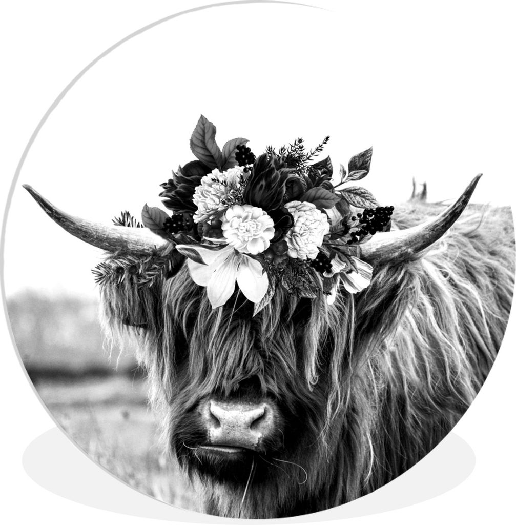 MuchoWow Rundes Wandbild - Runde Bilder Schottischer Highlander - Blumen - Schwarz - Weiß Ø 90 cm Kreis Wanddekoration Kunststoff - Wandkreis -...