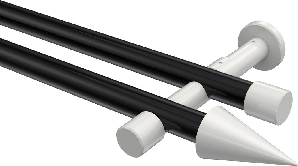 Interdeco Gardinenstange / Vorhangstange Schwarz / Weiß, Typ Prestige Savio (Kegel) ohne Ringe, 20 mm Ø 2-läufig, 520 cm
