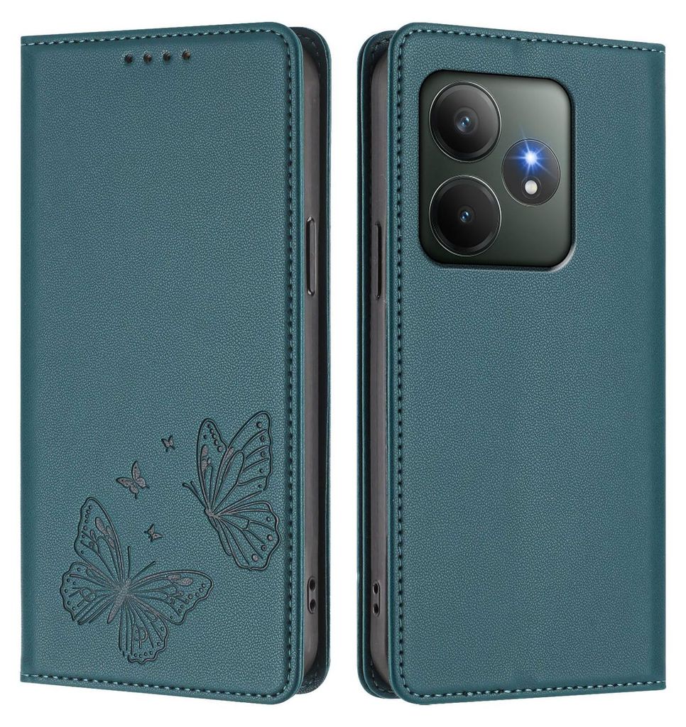 Lederhülle für Realme GT 6/Realme GT 6T, Schmetterling Prägung Leder Brieftasche Schutzhülle mit Ständer Grün