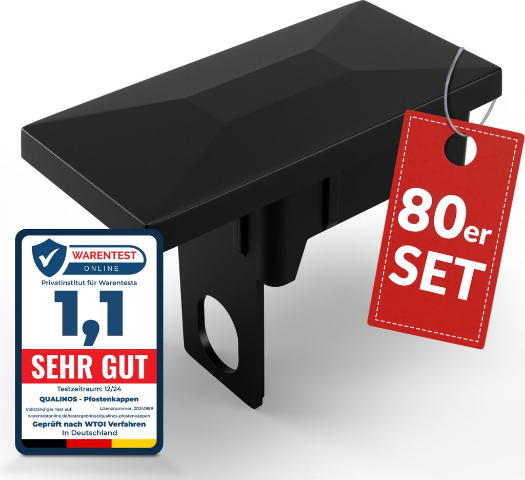 Qualinos Pfostenkappen 60x40 mm mit Sicherungssteg Schwarz 9005 (80 Stück) – für Doppelstabmattenzaun