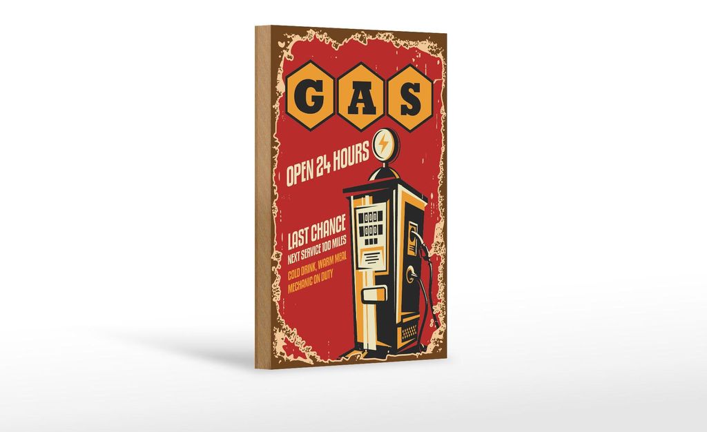 Holzschild Retro 12x18cm Gas open 24 next service