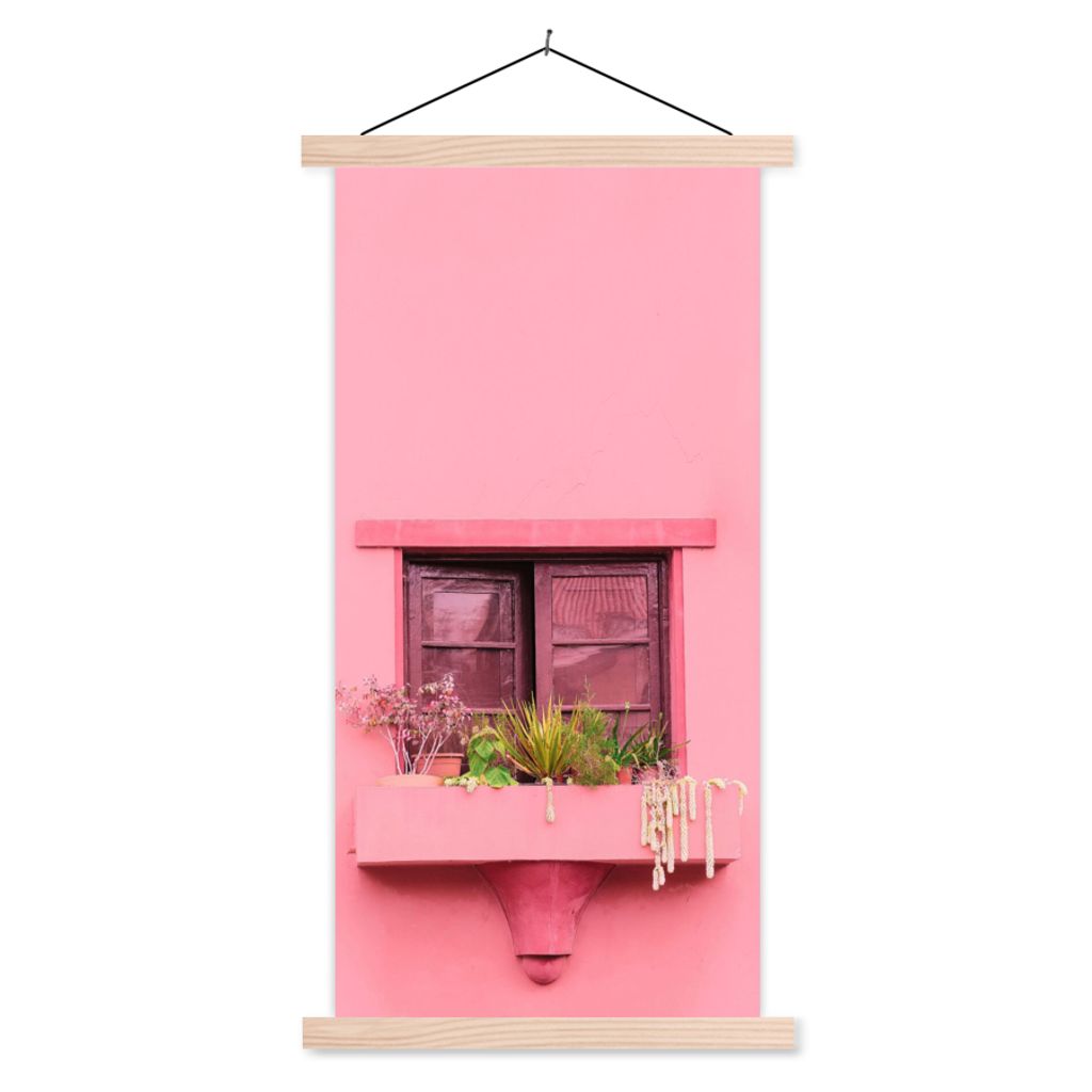 MuchoWow Textilposter Fenster - Pflanzen - Rosa - Pflanzgefäß 40x80 cm mit holzfarbenen Rahmen - Wohnzimmer