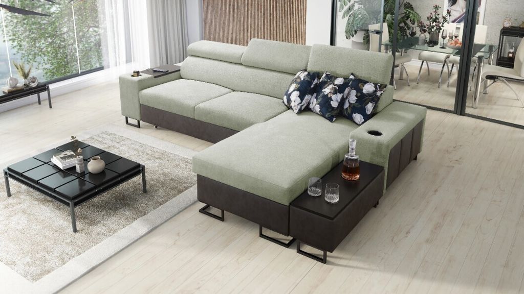 Kaiser Möbel s, modernes Ecksofa MELODY I MINI mit Usb Tauro/Freya Graphit/Hellgrün Rechts