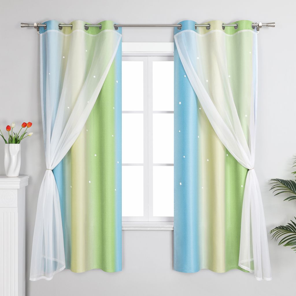 Joyswahl Verdunkelungsvorhänge mit Ösen Sterne Blickdichte Doppelte Gradinen Farbverlauf Thermovorhang für Kinderzimmer BxL 100x200cm Grün