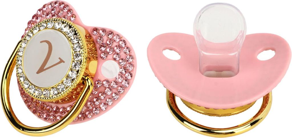 Goldener Baby-Schnuller mit Strasssteinen, gebogenes Design, Silikon für Milchpulver-Fütterung, Buchstabe V