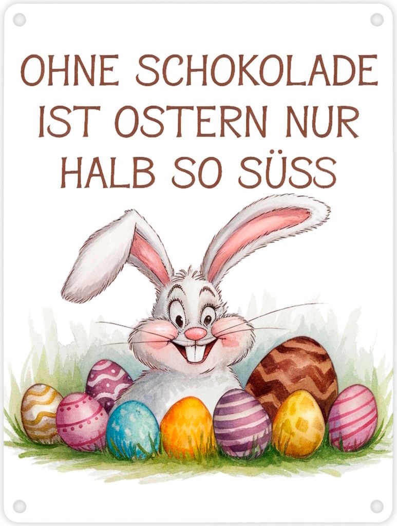 Fröhlicher Hase mit Ostereiern Metallschild in 15x20 cm - Ostern ohne
