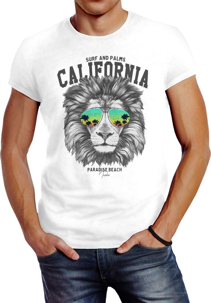 Herren T-Shirt Löwe Bär Sonnenbrille Palmen Summer California Slim Fit Neverless Lion weiß L