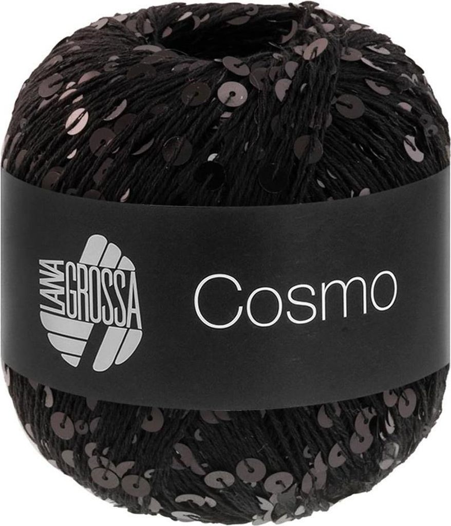 A ball of black yarn with sequins, with a black label around it.