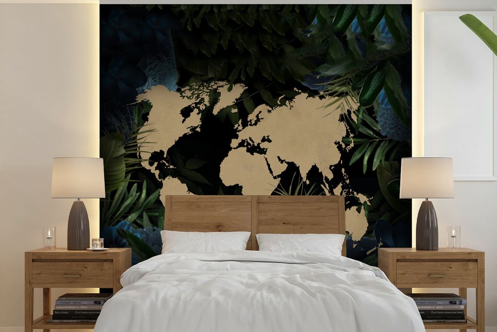 MuchoWow Fototapete für Wohnzimmer oder Schlafzimmer Wandtapete Vinyl Motivtapete Weltkarte - Pflanzen - Tropisch - 260x260 cm - Papiertapeten