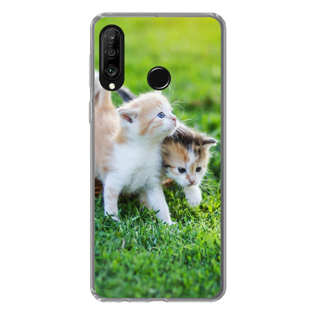 MuchoWow Handyhülle Schutzhülle Hülle für Huawei P30 Lite Kätzchen - Katze - Korb - Mädchen - Kinder - Jungen - Kinder Silikon Softcase Han...