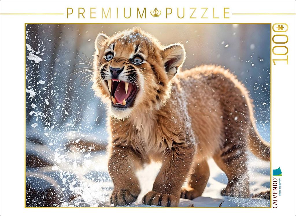CALVENDO Puzzle Kleiner Säbelzahntiger im Schnee der Eiszeit | 1000 Teile Lege-Größe 64x48cm Foto-Puzzle für glückliche Stunden