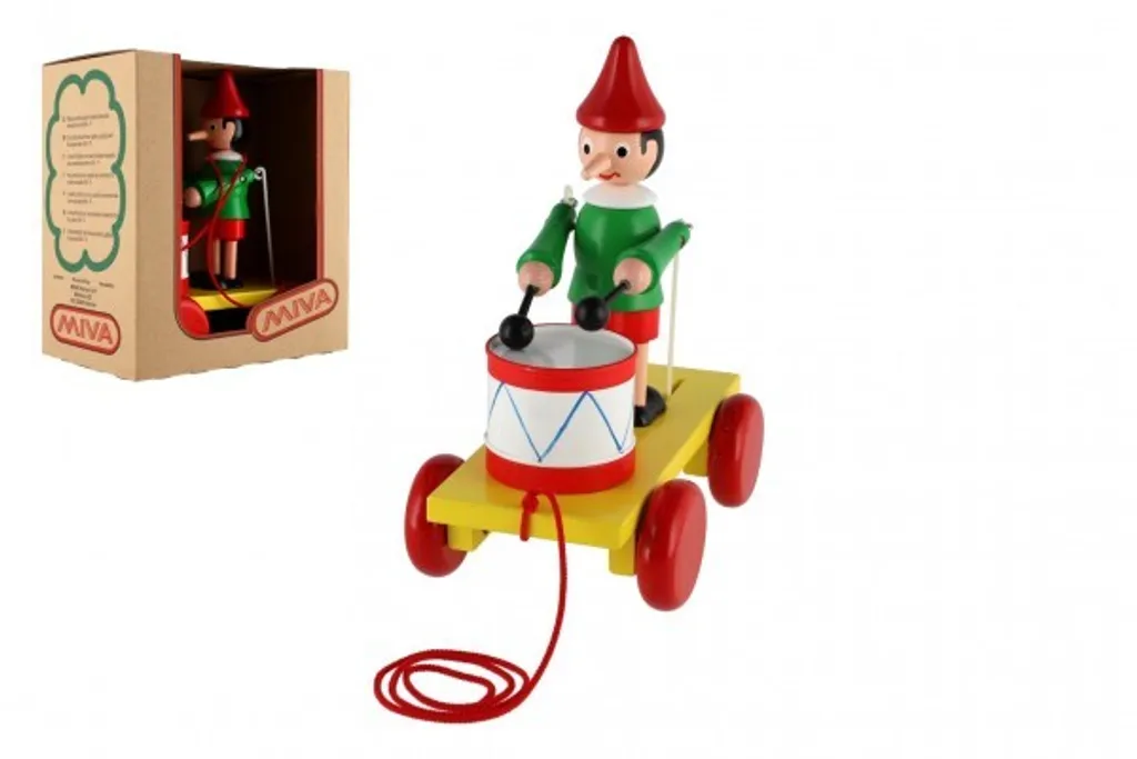 Jouet à tirer en bois Pinocchio tambourin 20cm pour premier âge