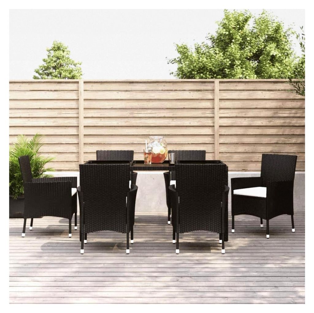 Gartenmöbel Set Rattan für 6 Personen, Polyrattan Sitzgruppe für den Außenbereich mit Kissen, Schwarz, 7-teilig