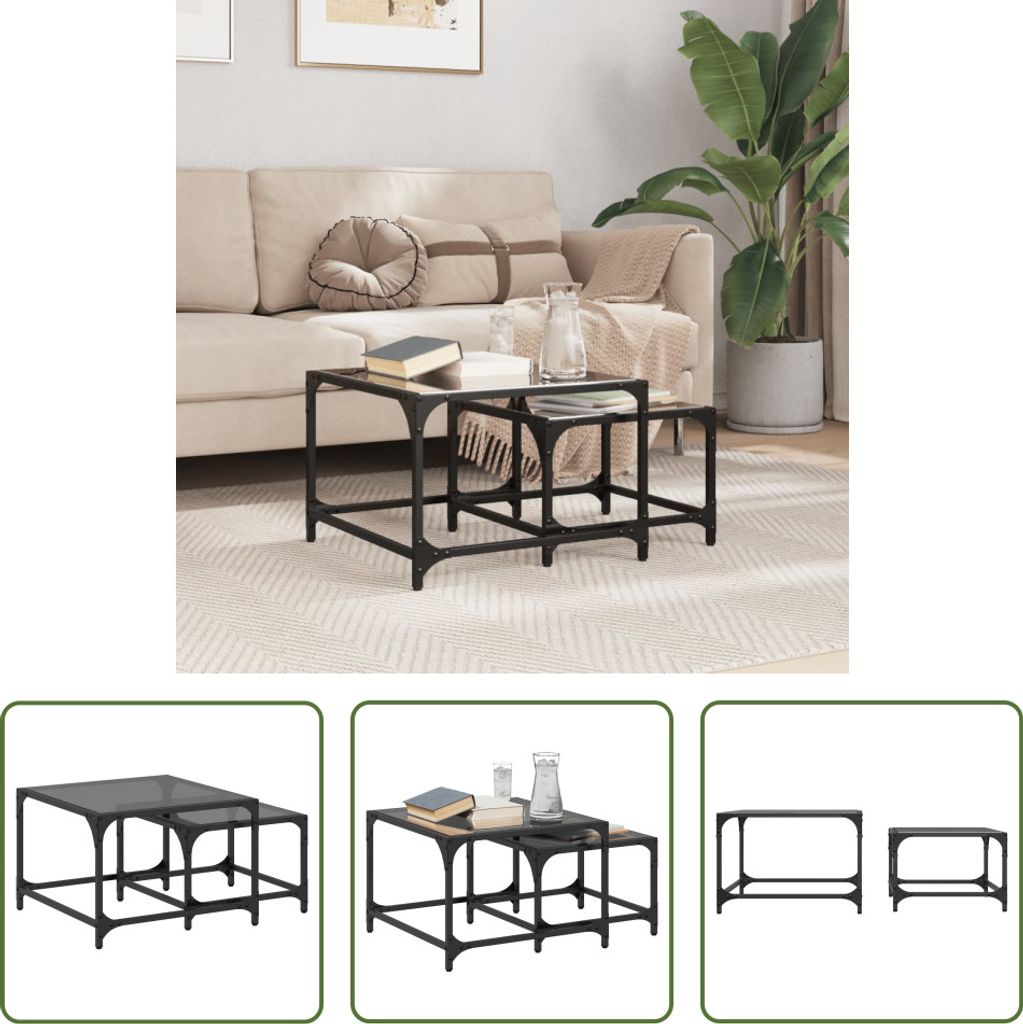 The Living Store Satztische 2 Stk. mit Glasplatte Schwarz Stahl