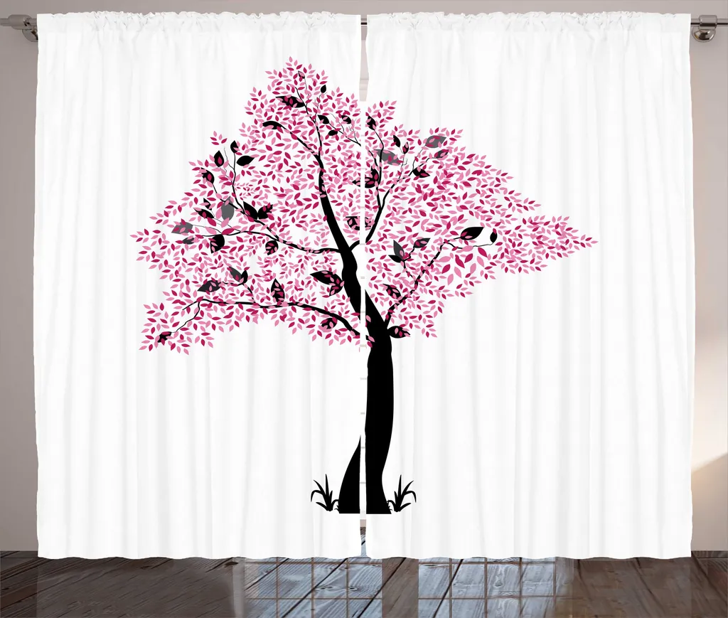 ABAKUHAUS Rideau rustique arbre et feuilles roses 280 x 225 cm à fronces