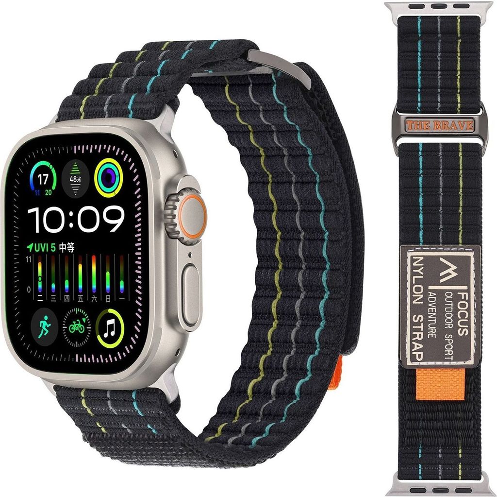 Für Apple Watch Series 11 10 46mm / 9 8 7 45 / 6 SE 5 4 44mm Nylonarmband mit Klettverschluss Schwarz