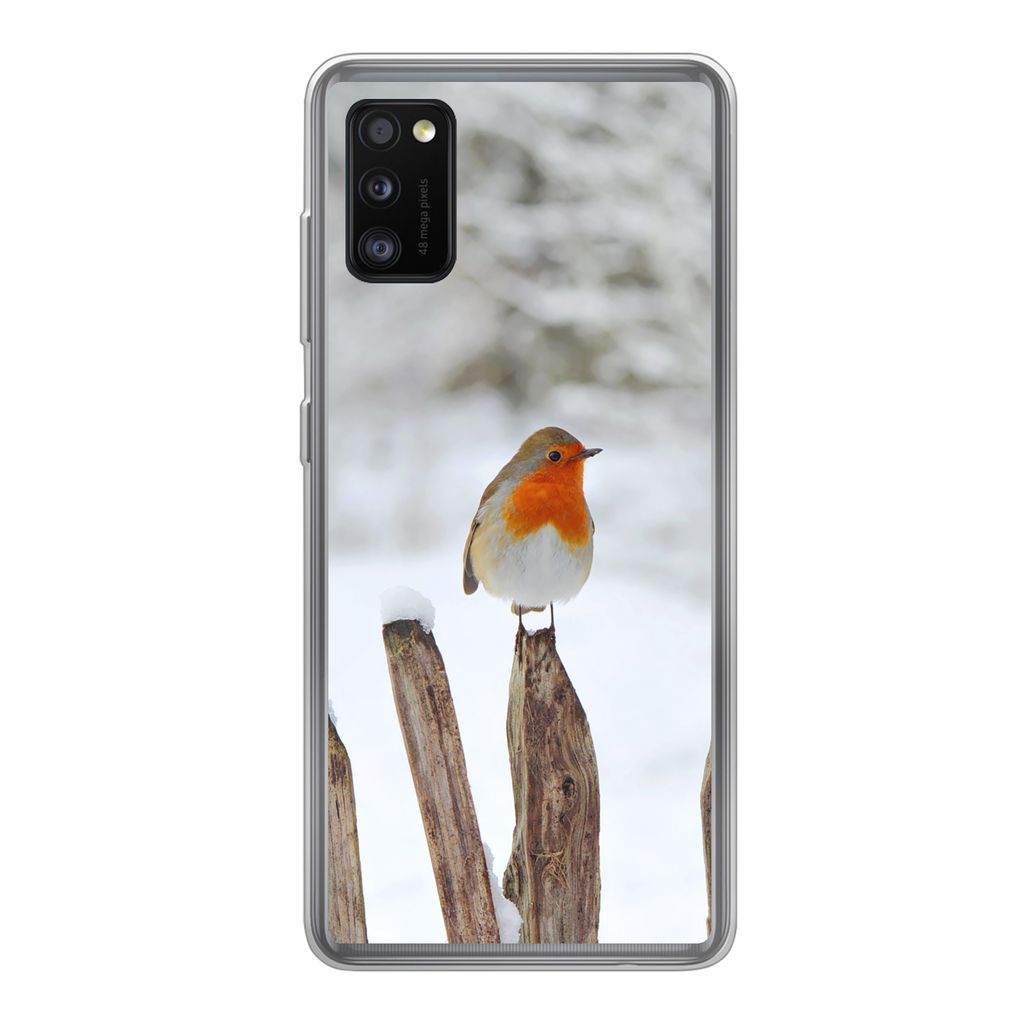MuchoWow Handyhülle Schutzhülle Hülle für Samsung Galaxy A41 Vogel - Zaun - Schnee Silikon Softcase Handy Hülle - Mobiltelefon