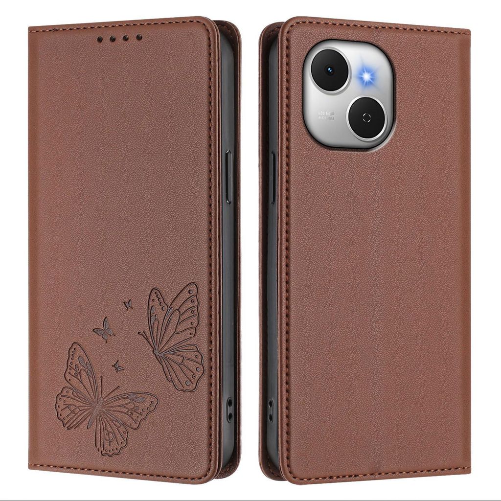 Lederhülle für Tecno Spark 40C, Schmetterling Prägung Leder Brieftasche Schutzhülle mit Ständer Braun