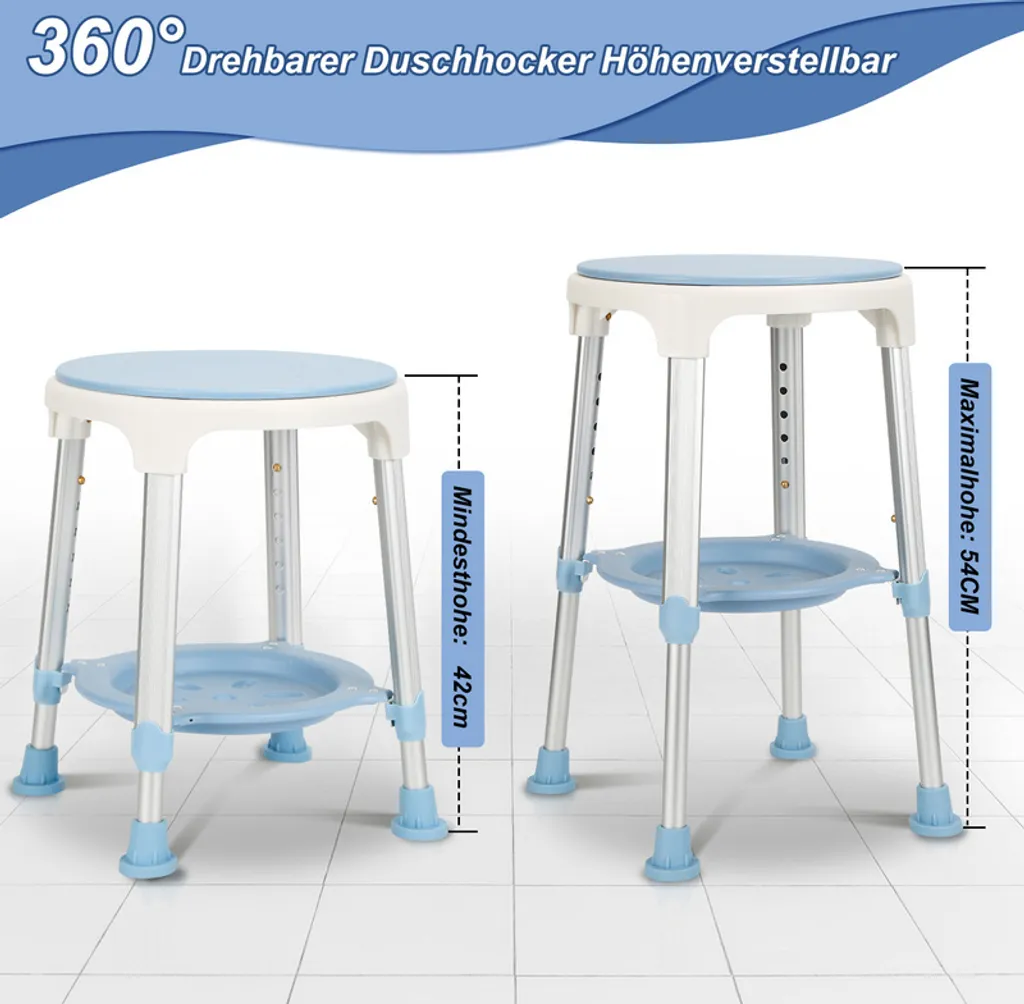 Fiqops Tabouret de douche pivotant 360° avec étagère, modèle Durable 45cm