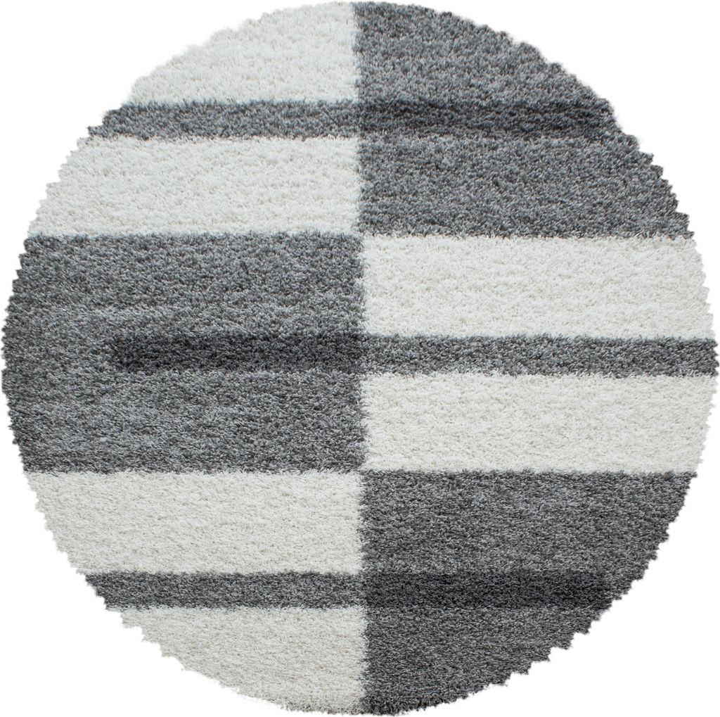Teppich Wohnzimmer Hochflor Hellgrau 160x160 Rund Kariertes Design aus Polypropylen