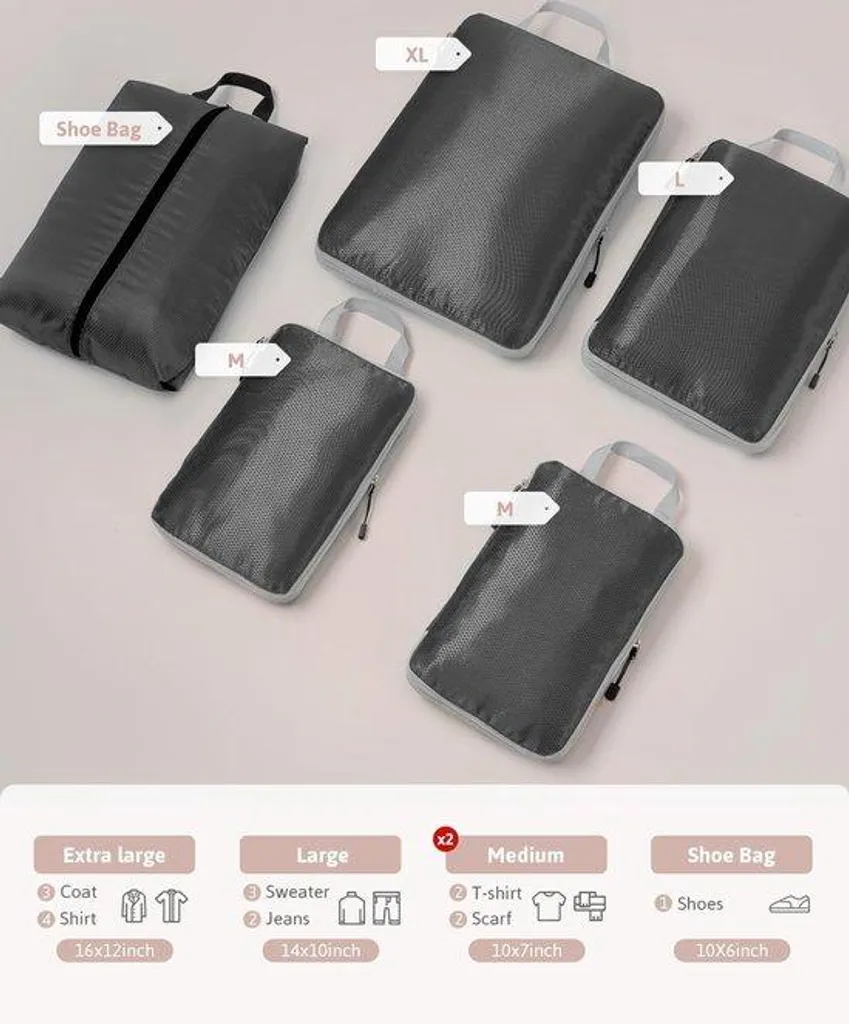 Set de rangement pour sac de voyage 5 pièces - Organisateur de valise Gris