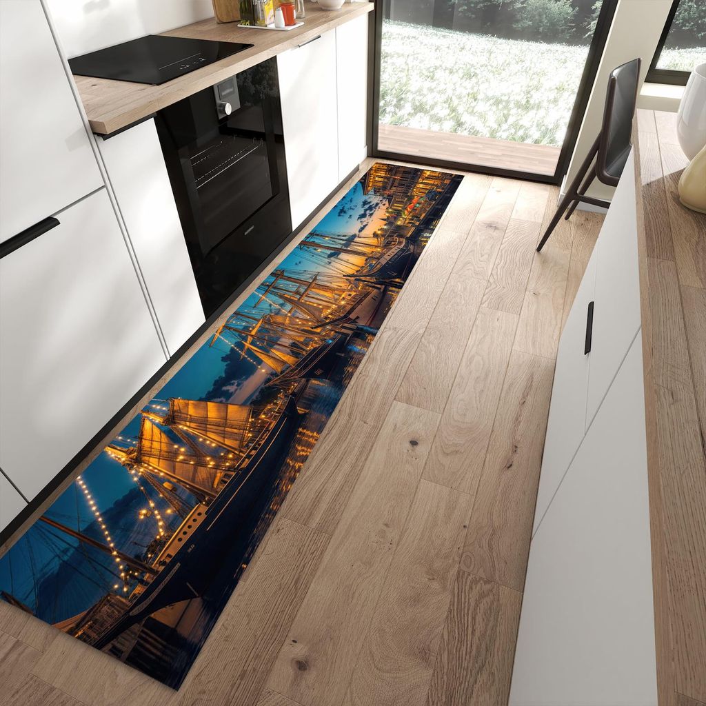 Küchenteppich 60x300cm rutschfest & abwischbar PVC Läufer - Nachthafen