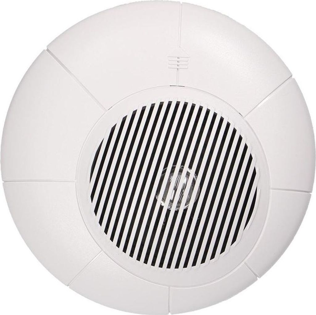 A white, circular device with a grille in the center, likely a speaker or alarm.