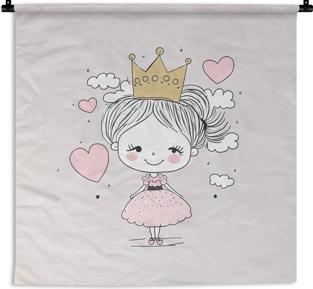 MuchoWow Wandteppich Wandbehang Prinzessin - Krone - Rosa - Mädchen - Pastell 60x60 cm Tapisserie Dekoration Wandtuch - Dekorationen - Wand Decke