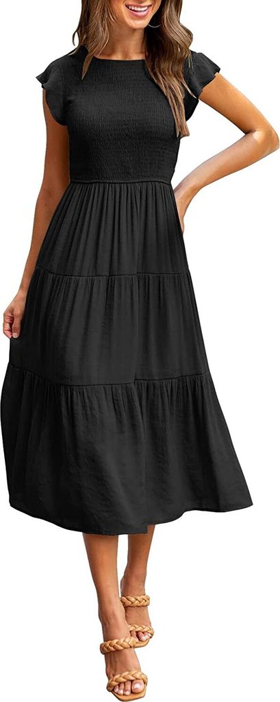 ASKSA Damen Elegant Kleid Maxikleid A-Linie Swing Boho Flatterärmel Kleider, Schwarz, XL