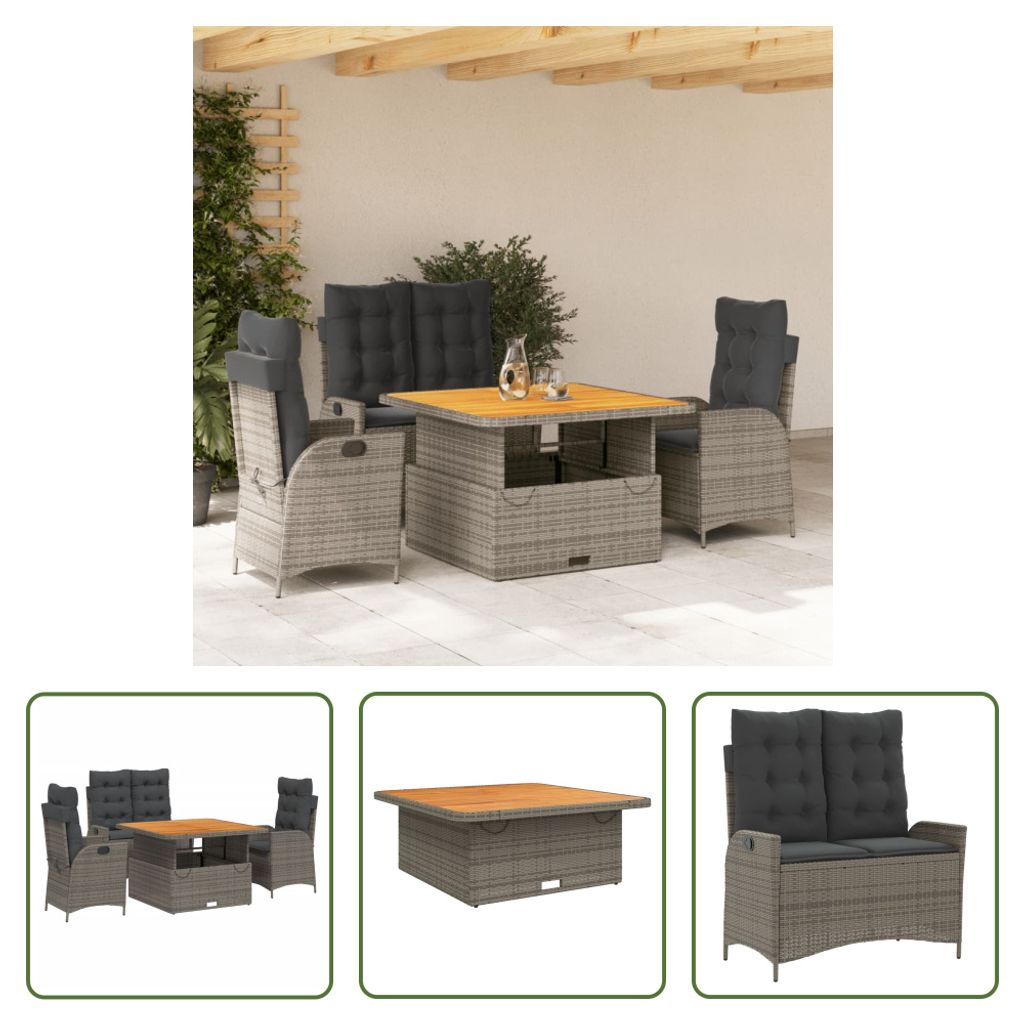 The Living Store 4-tlg. Garten-Essgruppe mit Kissen Grau Poly Rattan
