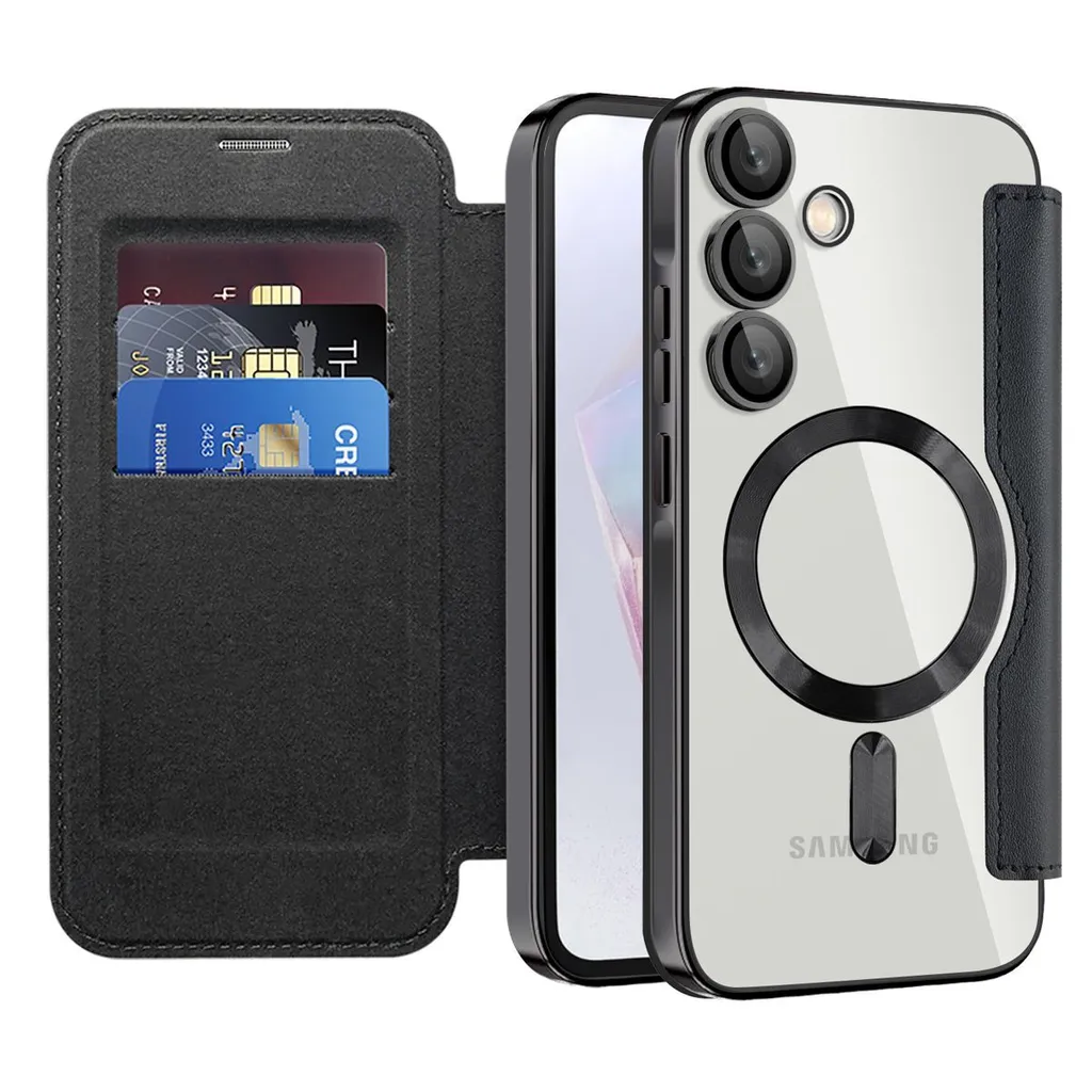 Cover MagSafe Samsung A35 Trasparente con Wallet Pelle Nero