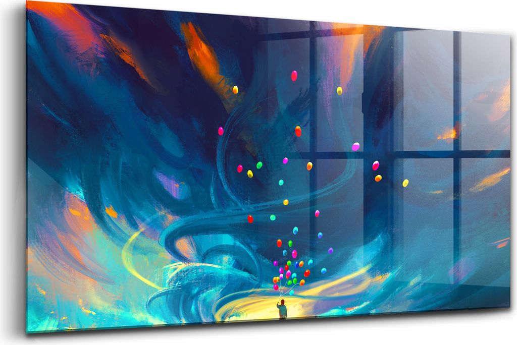 120x60 - Wandmalerei auf Glas- Wanddekoration aus Glas - Kind und Luftballons im Märchenland