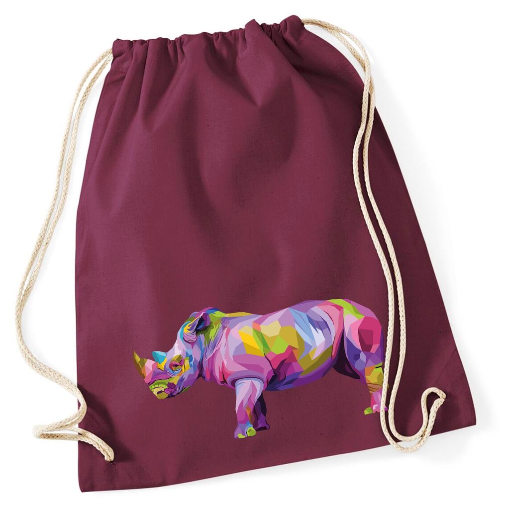 Huuraa Turnbeutel Nashorn Colorful 12 Liter Burgundy Baumwolle Rucksack Geschenkidee