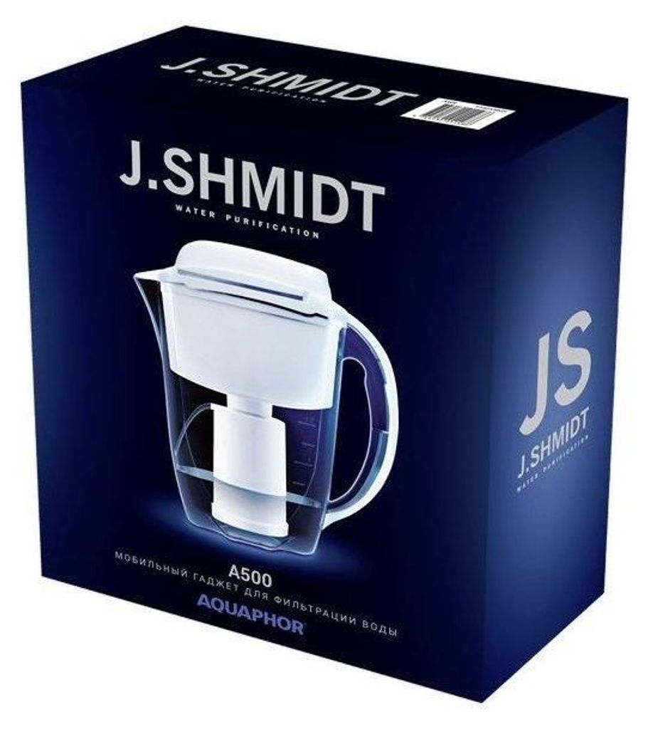 The image shows the product packaging for a water filter pitcher. The packaging is dark blue with white text and graphics, featuring a prominent image of the water filter pitcher itself.