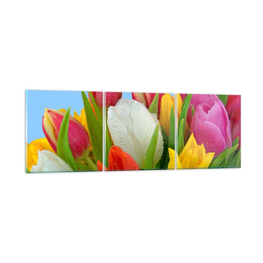 Bilder auf glas - Tulpen Blumenstrauß Blumen Tau - 120x40cm - Glasbilder - Wandbilder - Kunstdruck - zum Aufhängen bereit - Wanddekoration aus Gl...