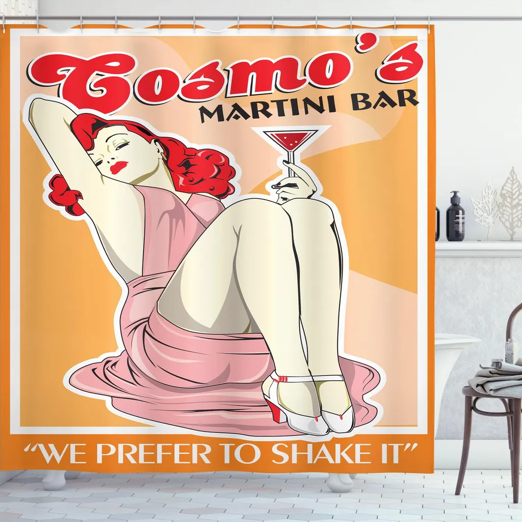 ABAKUHAUS Tenda da doccia Pin up Girl, cocktail Martini, donna che tiene in mano, preferiamo scuoterla, 175 x 240 cm, arancione pallido scarlatto