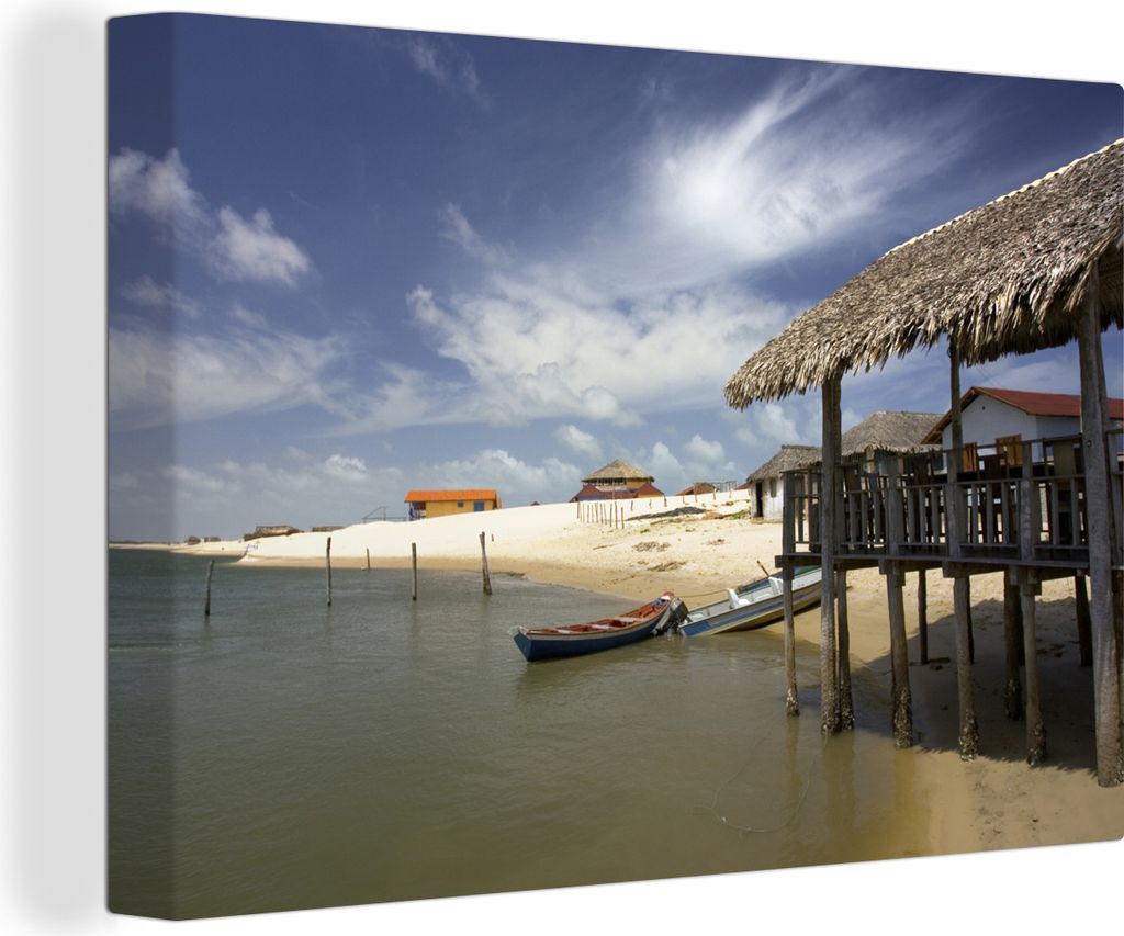OneMillionCanvasses - Leinwandbilder - 140x90 cm, Strandhütten und Boote am Strand von São Luís in Brasilien, Wandbilder Kunstdruck Wanddekora...