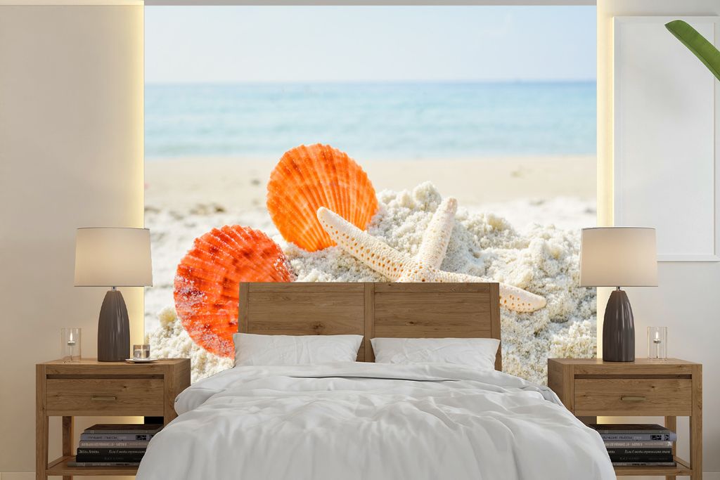 MuchoWow Fototapete für Wohnzimmer oder Schlafzimmer Wandtapete Vinyl Motivtapete Strand - Muscheln - Seesterne - 240x240 cm - Schlafzimmer-Tapete