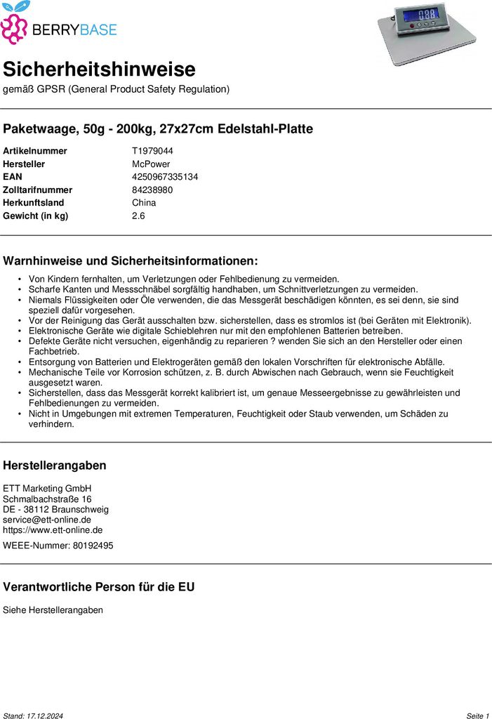 MC POWER Digitale Paketwaage PW-200 – Wiegebereich 200g Bis 200kg, Edelstahlplatte, Getrenntes Display
