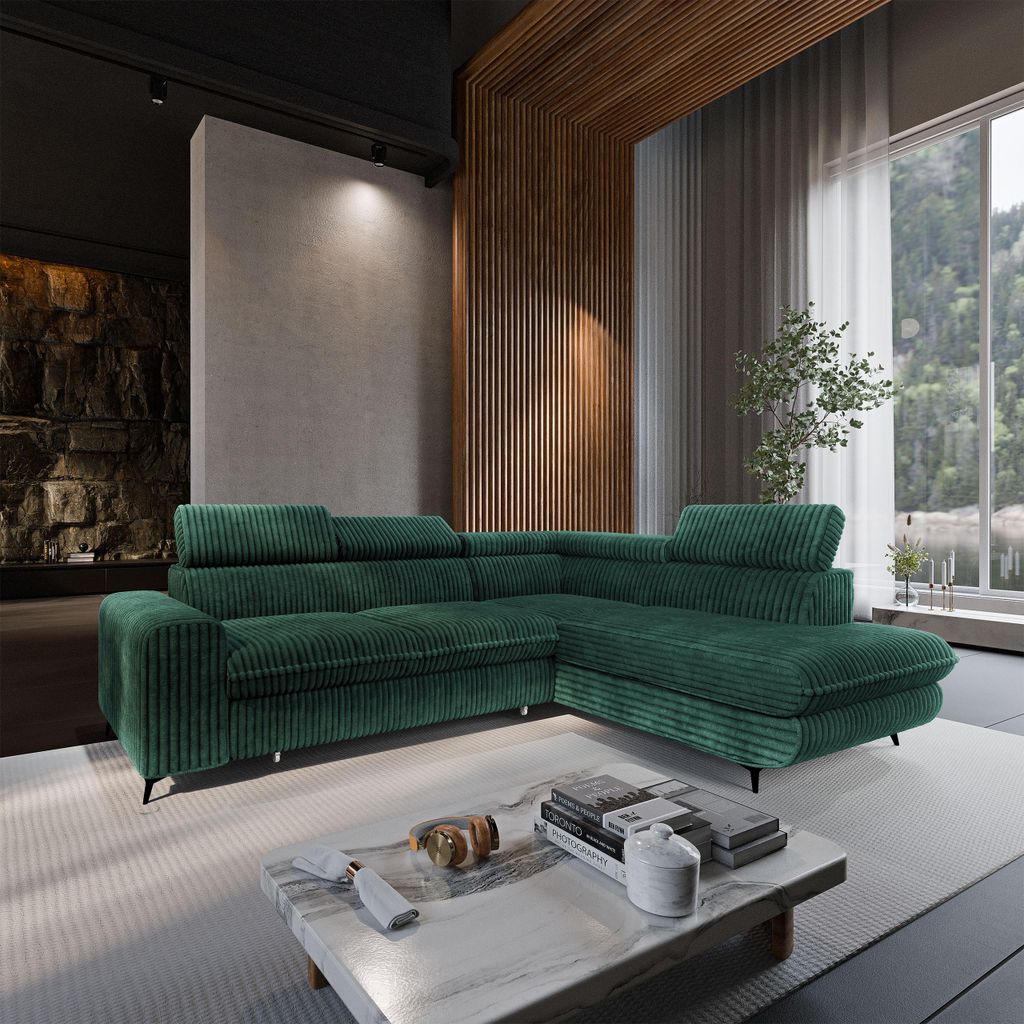 Masseno Ecksofa VELISS mit Schlaffunktion L-Form, Sofa mit Bettkasten, Wohnzimmersofa, Couch, Soffa, Bettsofa, Couchgarnitur- Grün, TILIA 39