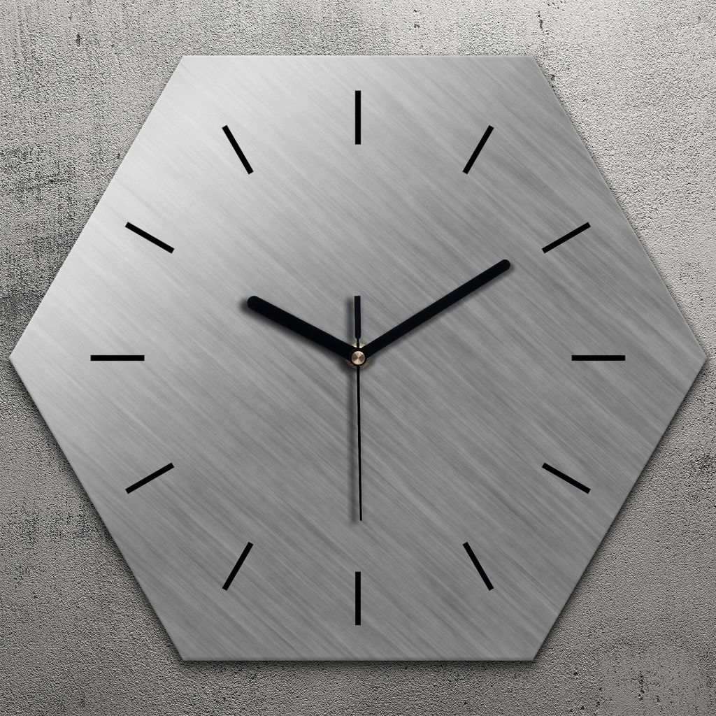 Uhr hexagonal 40 cm Glas Geräuschlos schwarze Zeiger - Metall Stahl Motive