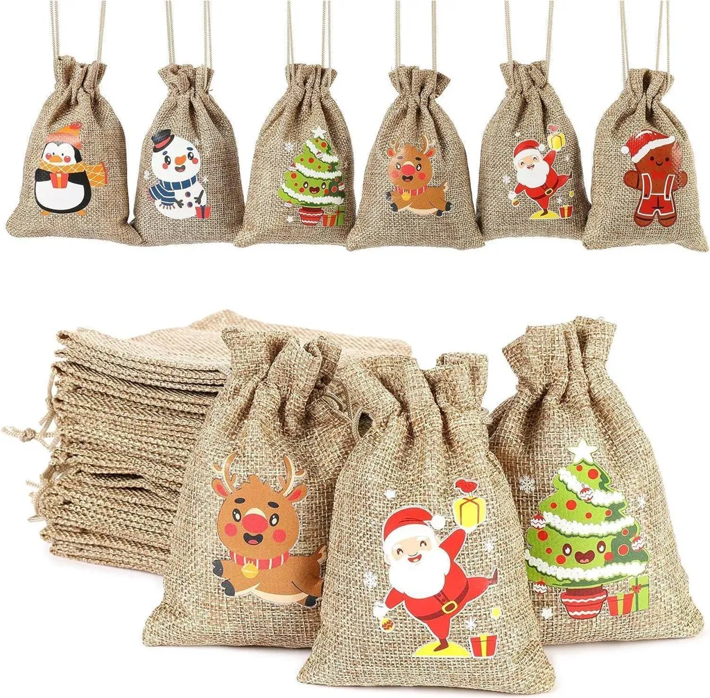 Sacs de Noël en jute avec cordon de serrage, 12 unités pour vos Favors
