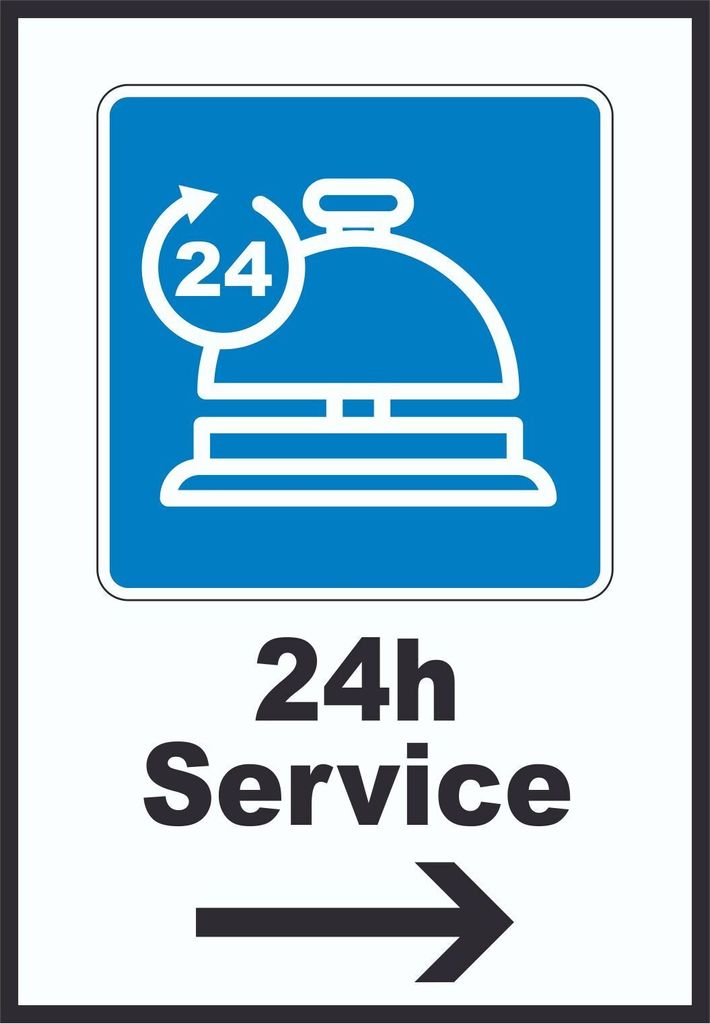 24H Service Schild mit Pfeil rechts A1 Rückseite selbstklebend