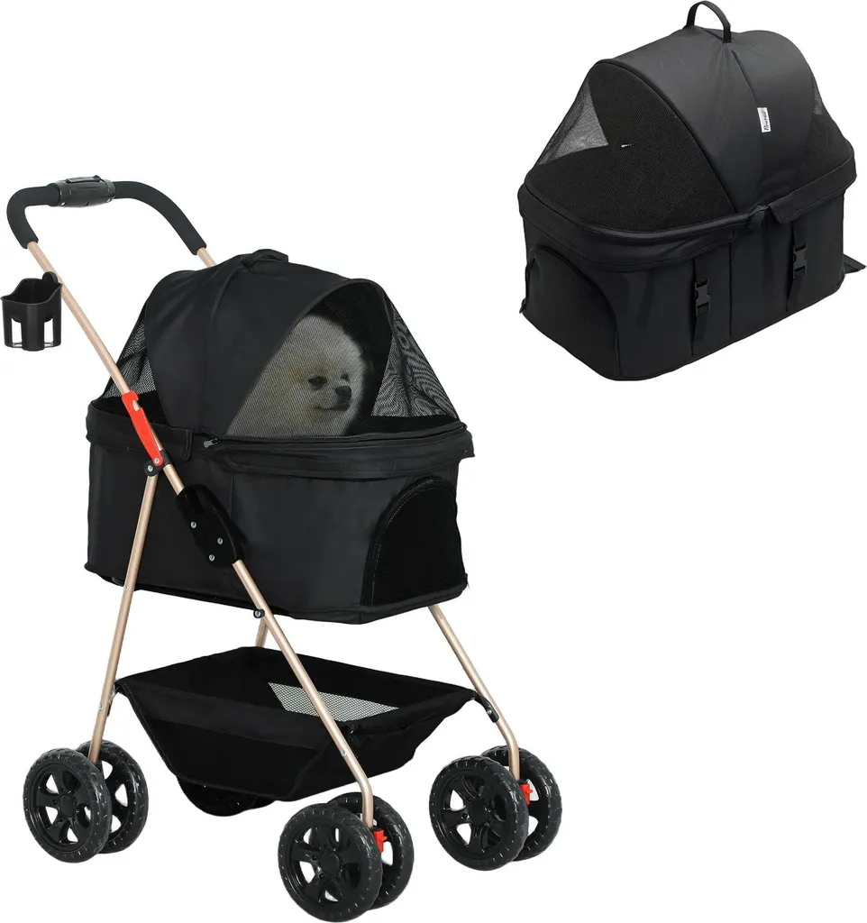 Poussette pour chien pliable 3 en 1 avec panier de rangement noir 76x50