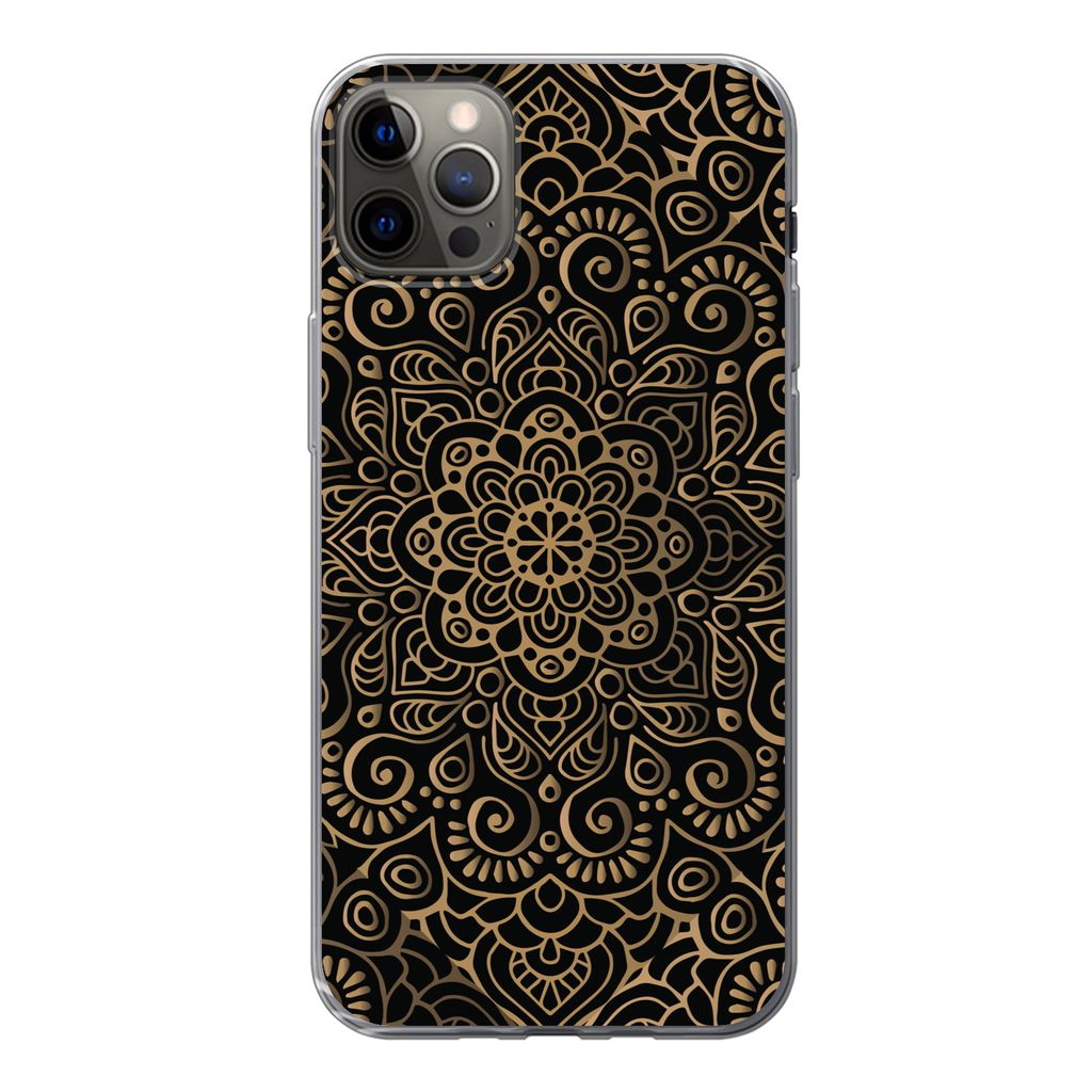 MuchoWow Handyhülle Schutzhülle Hülle für iPhone 12 Pro Max Goldenes Muster auf schwarzem Hintergrund Silikon Softcase Handy Hülle - Hartschale